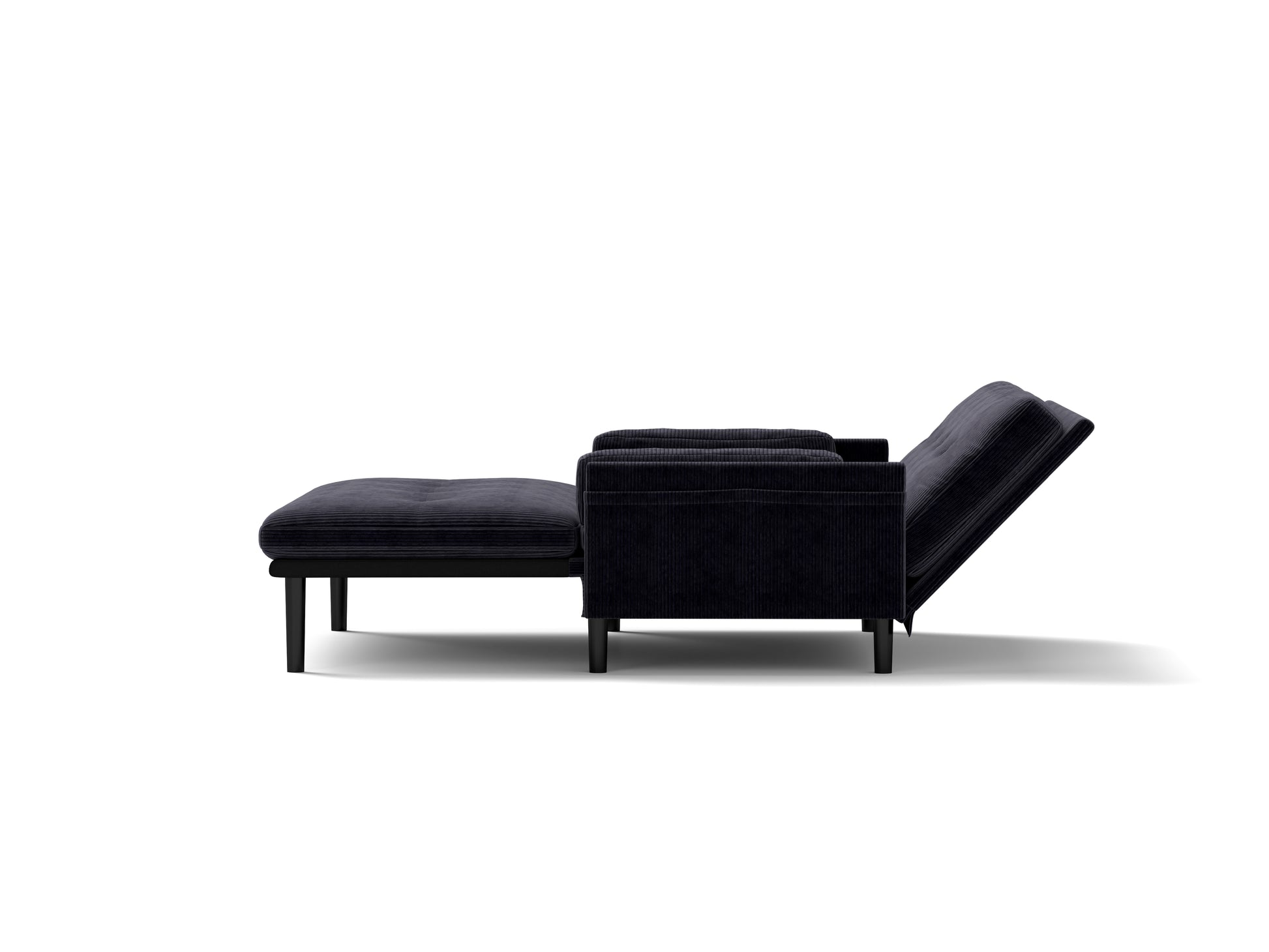 Dark navy corduroy sofa bed with tufted seat and reclining backrest