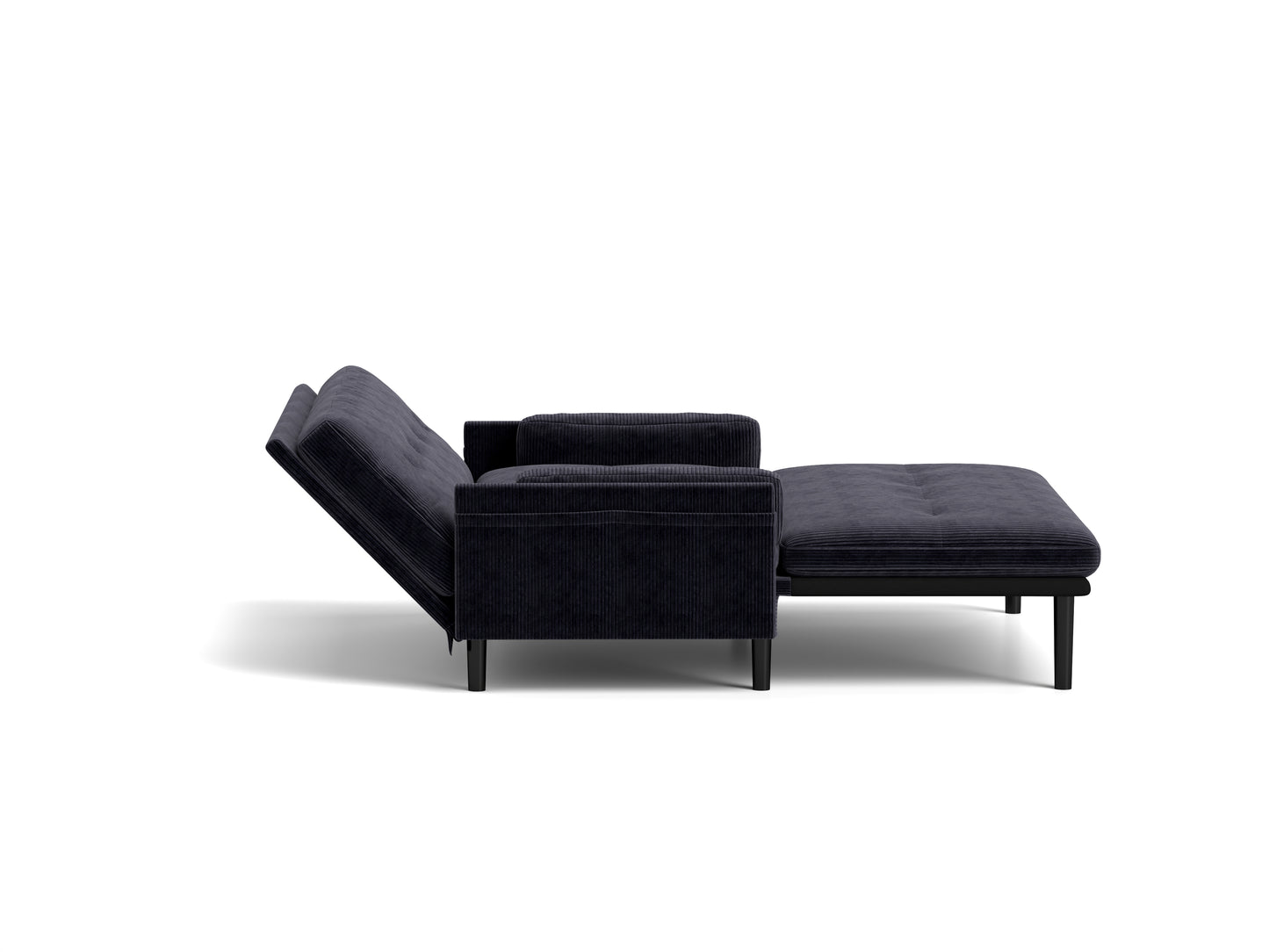 Dark gray corduroy sofa bed with adjustable backrest and pullout chaise lounge