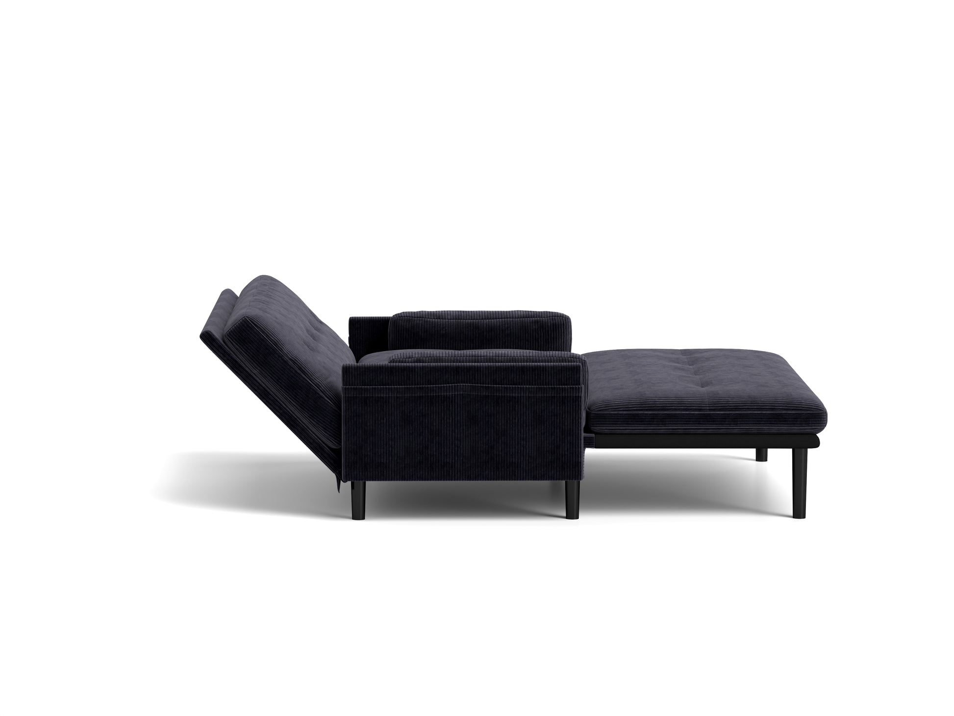 Dark gray corduroy sofa bed with adjustable backrest and pullout chaise lounge