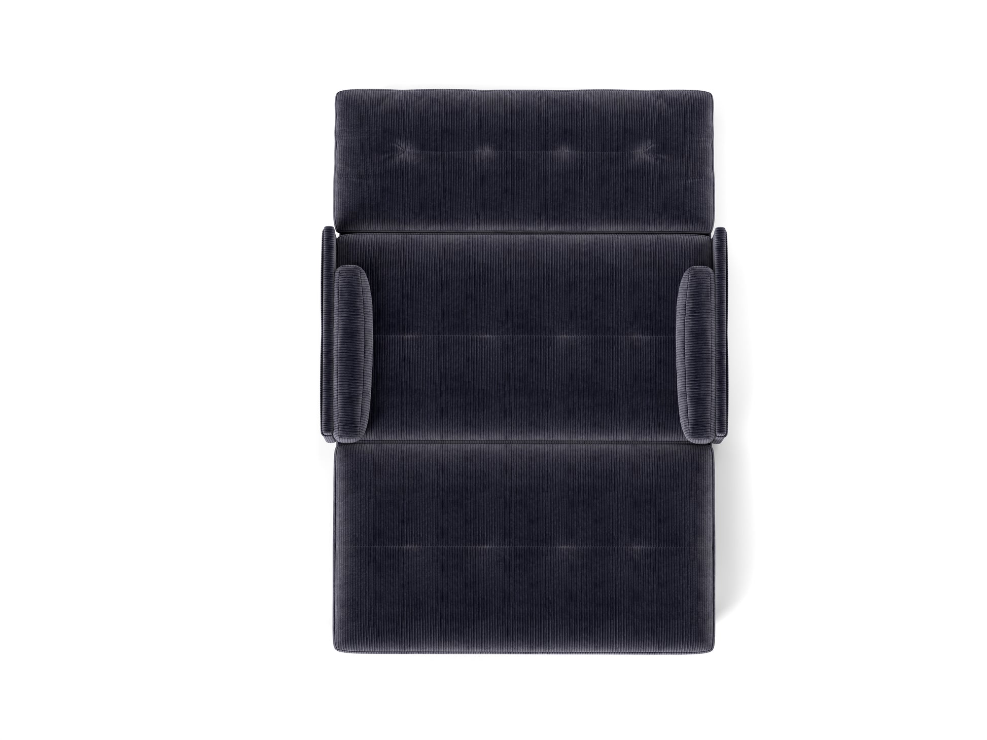 Dark navy corduroy lounge chair with tufted back and wide armrests