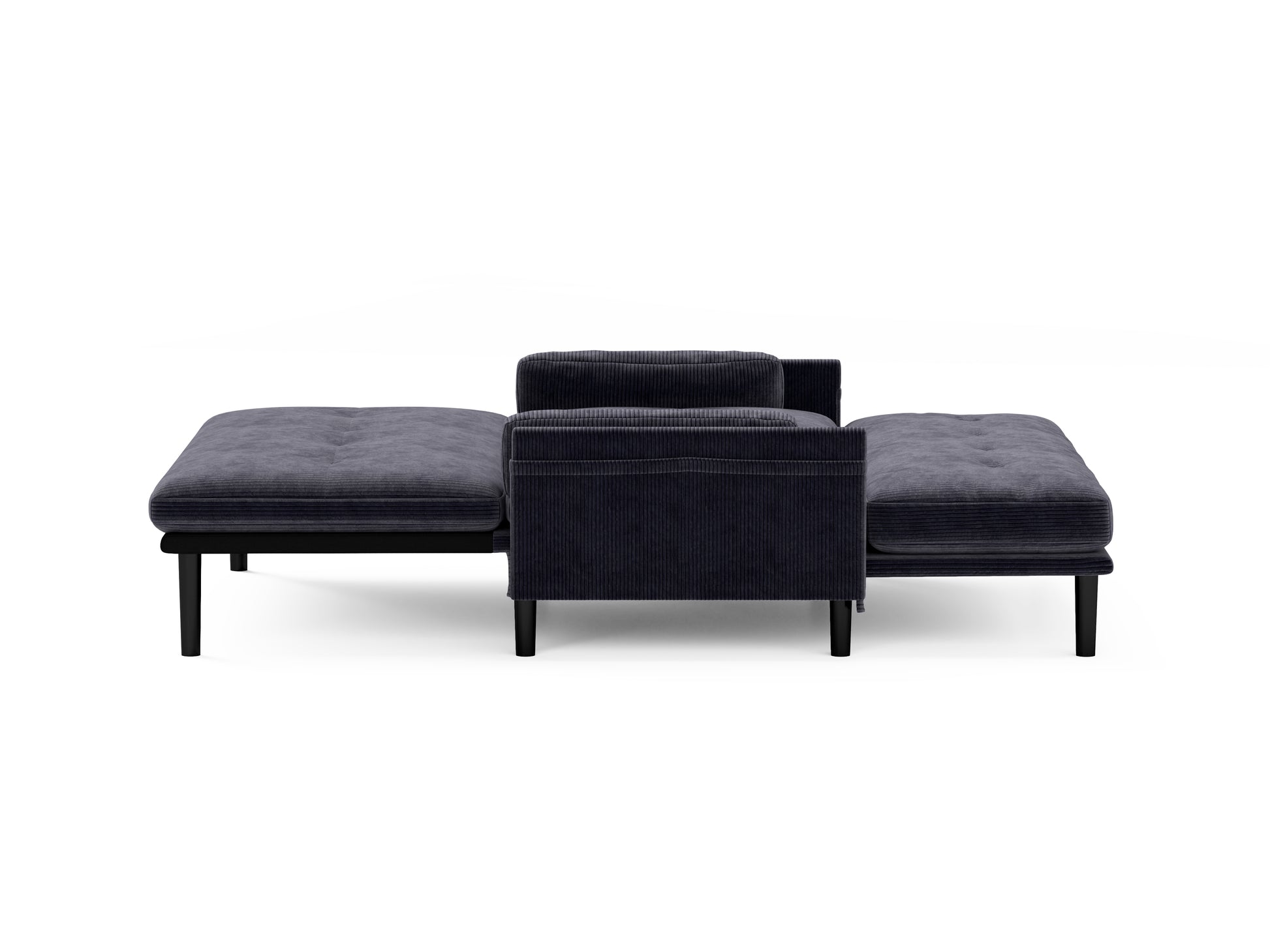 Dark grey corduroy sofa with tufted seat cushions and modern black legs perfect for living rooms