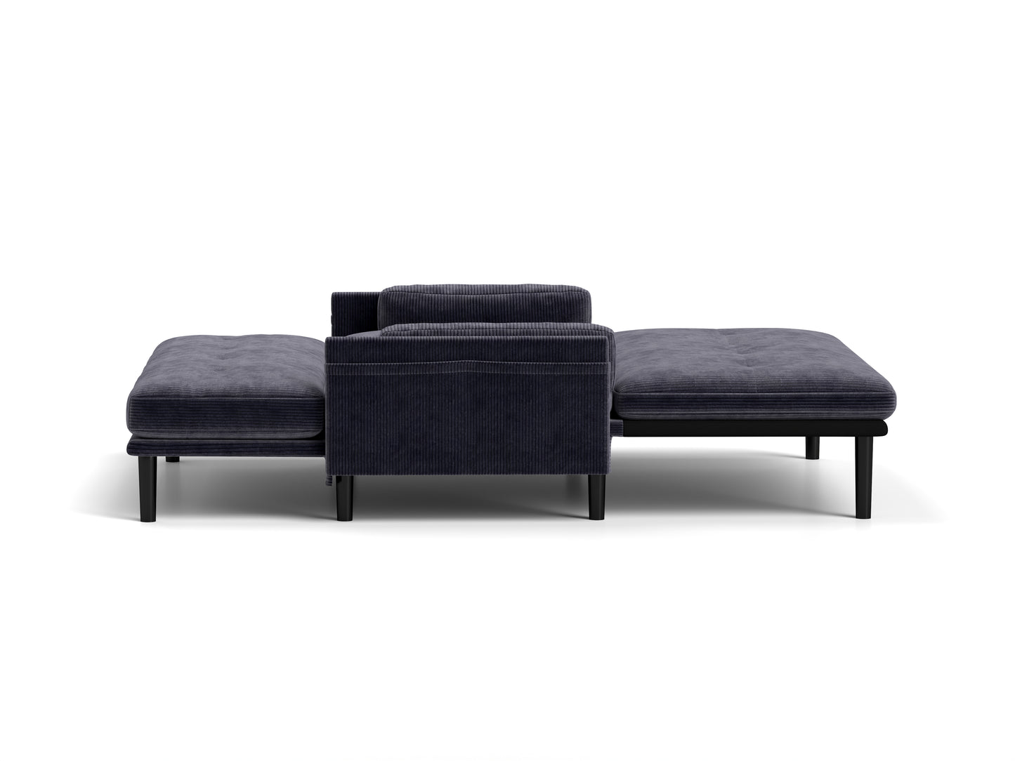 Dark grey corduroy sofa with tufted seat and extended chaise lounge