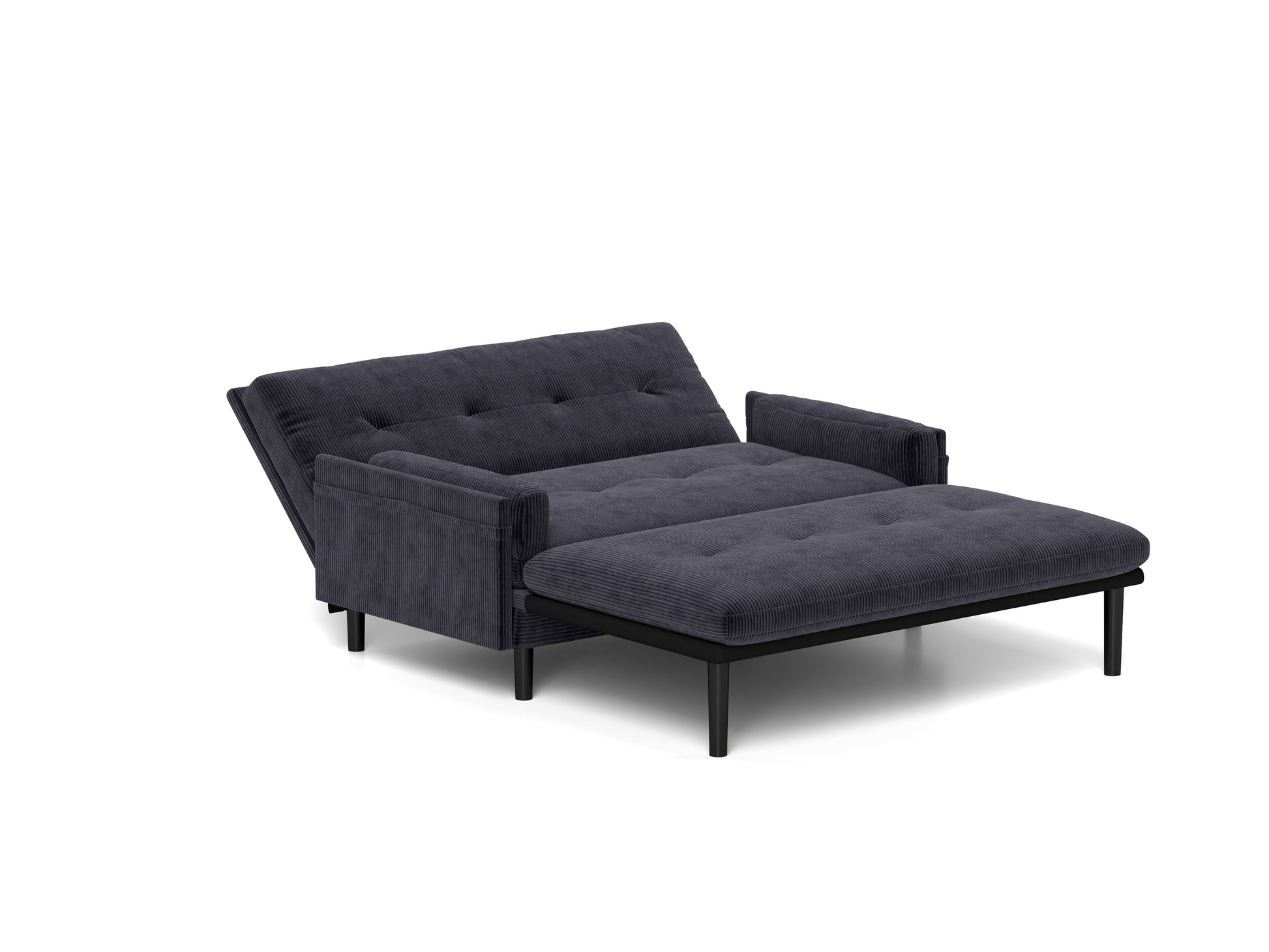 Dark gray corduroy sofa bed with tufted cushions and an extended ottoman