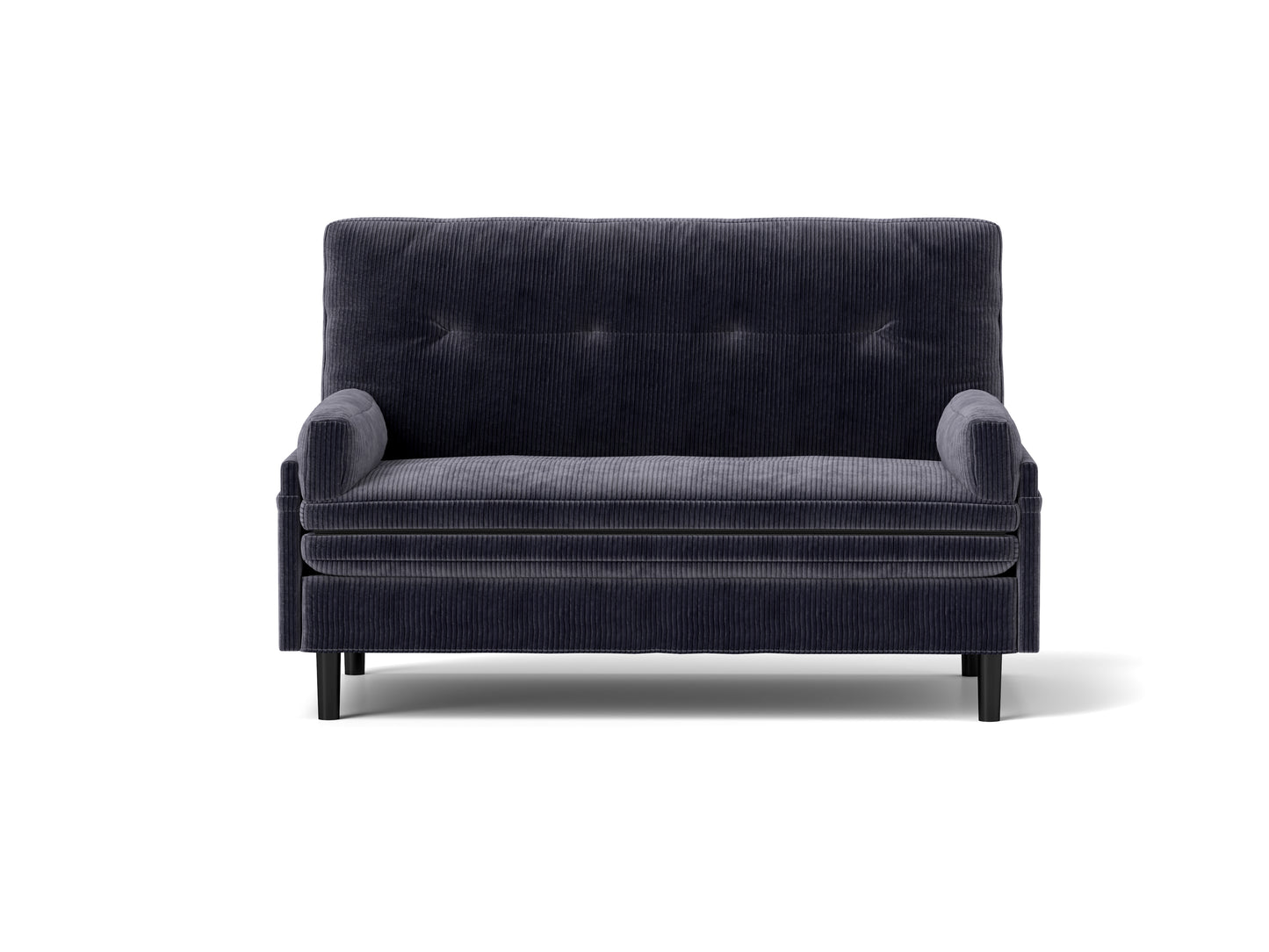 Dark grey corduroy loveseat with tufted back cushions on black legs