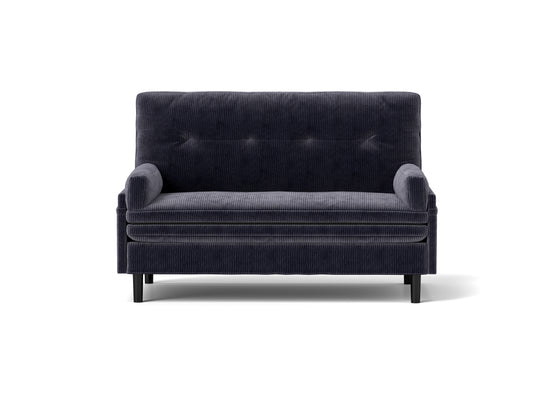 Dark grey corduroy loveseat with tufted back cushions on black legs