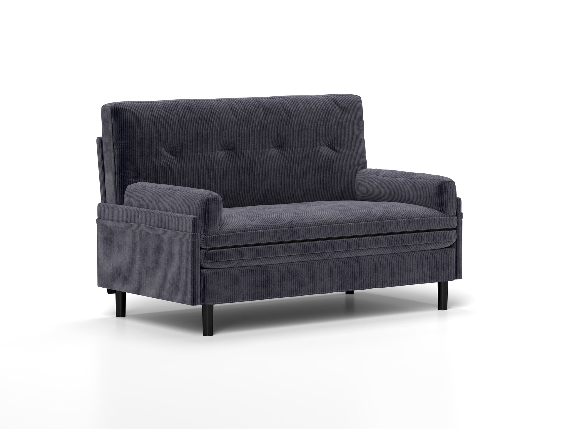 Dark gray corduroy loveseat with tufted back and black legs
