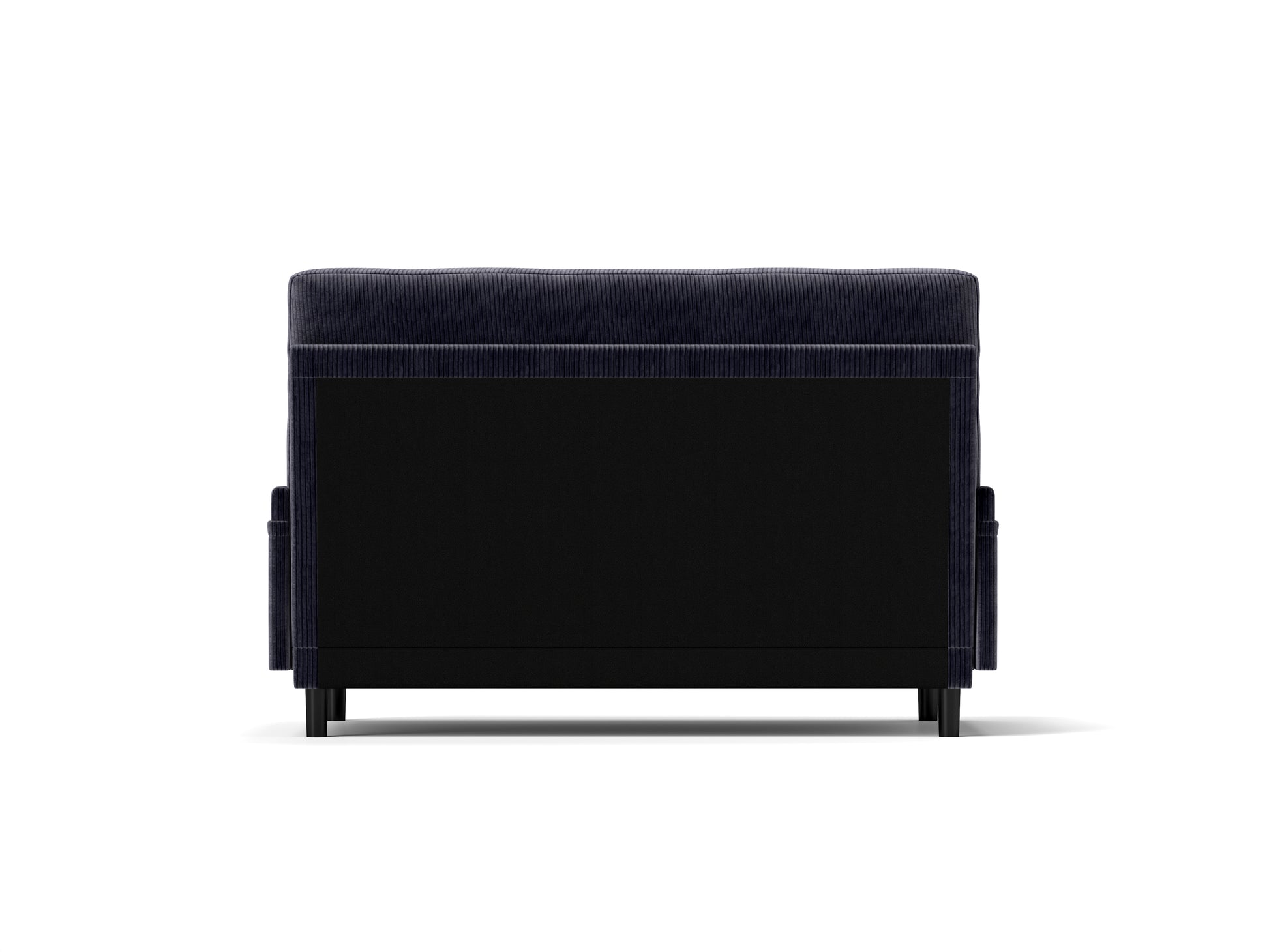 Back view of a navy blue corduroy armchair with black legs