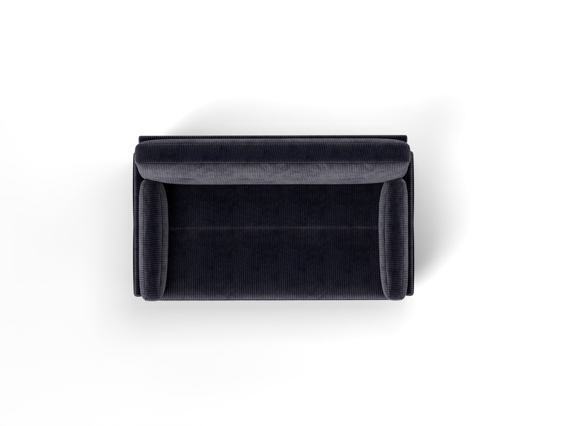 Top view of a plush dark grey corduroy armchair with soft rounded arms