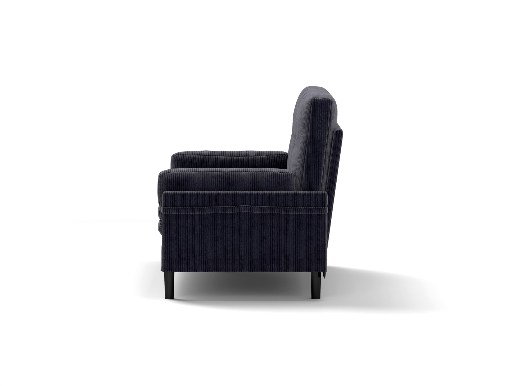 Dark grey corduroy armchair with boxy arms and clean lines perfect for modern living rooms