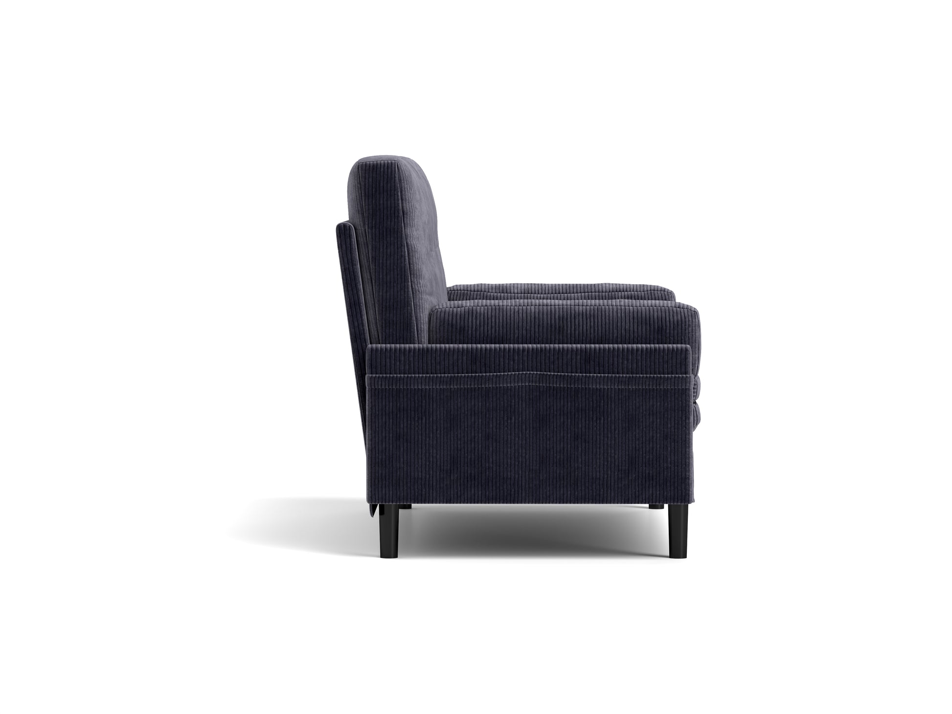 Dark navy corduroy armchair with clean lines and black wooden legs