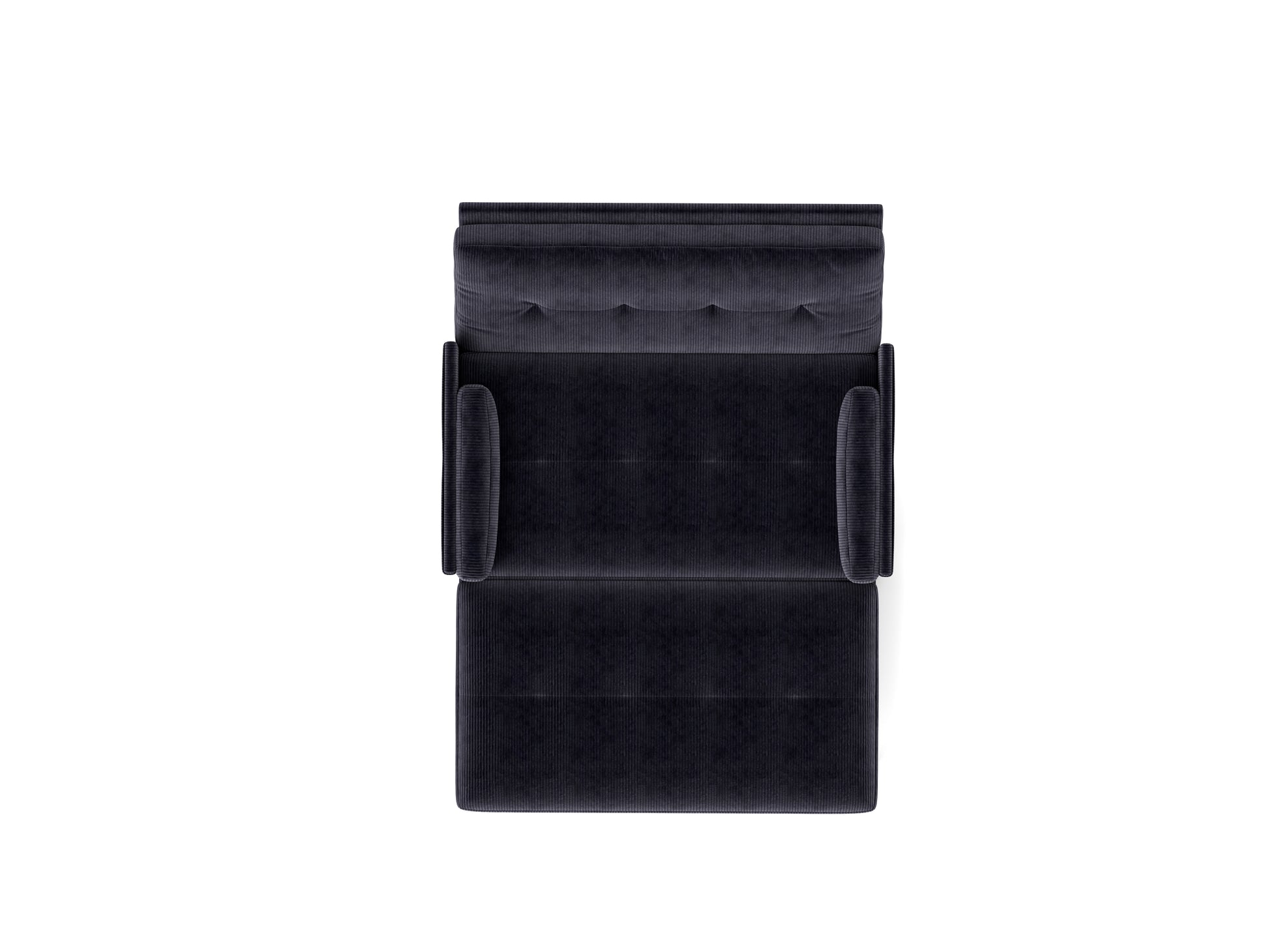 Top view of a deep navy corduroy upholstered armchair with button tufting