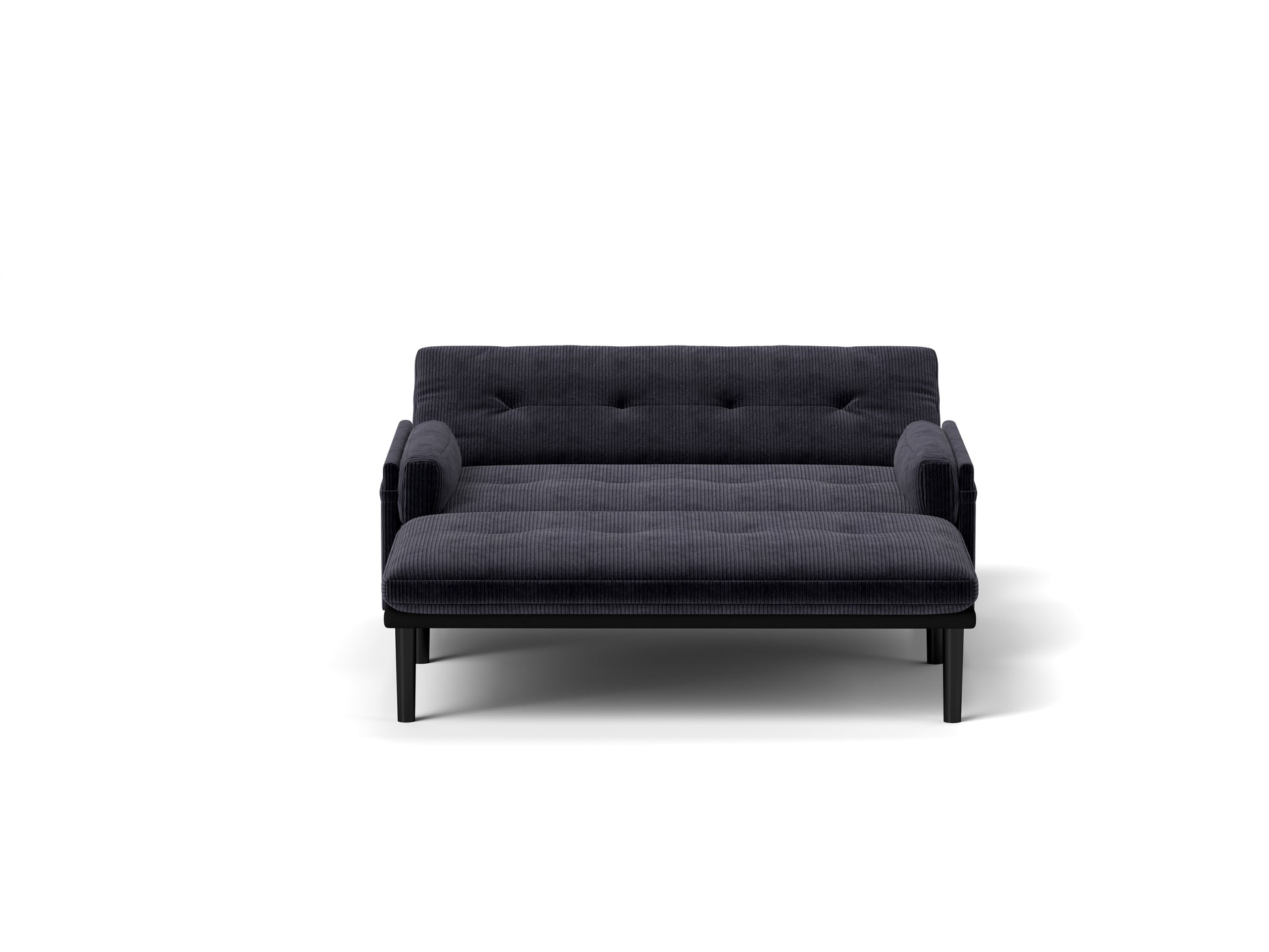 Dark gray corduroy sofa bed with tufted cushions and black legs