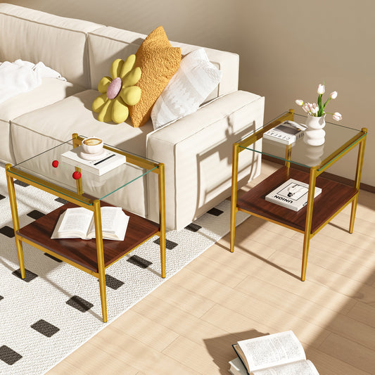 Modern gold side table with glass top and walnut shelf