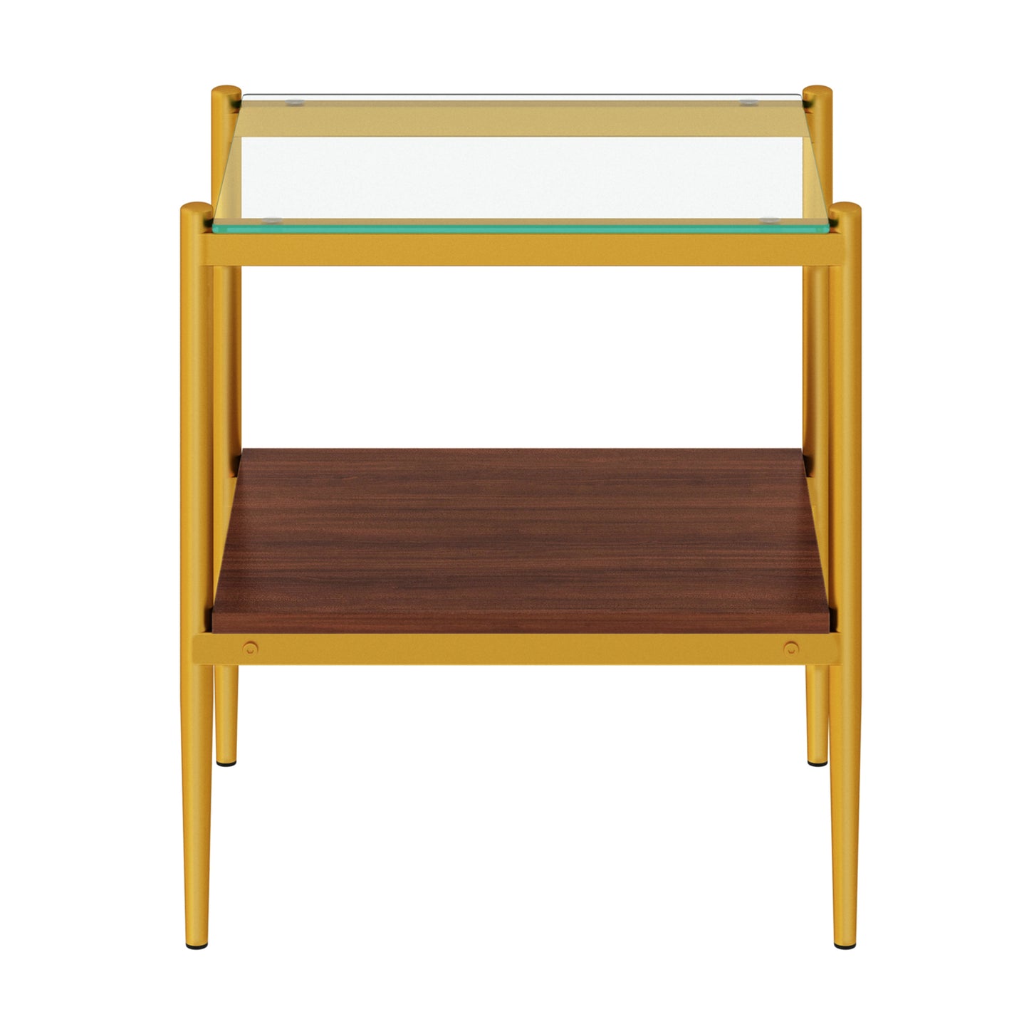 Gold metal side table with glass top and walnut shelf