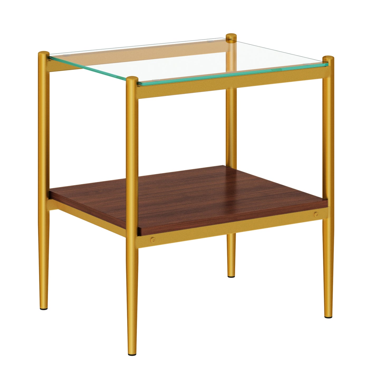 Gold metal end table with glass top and wood shelf