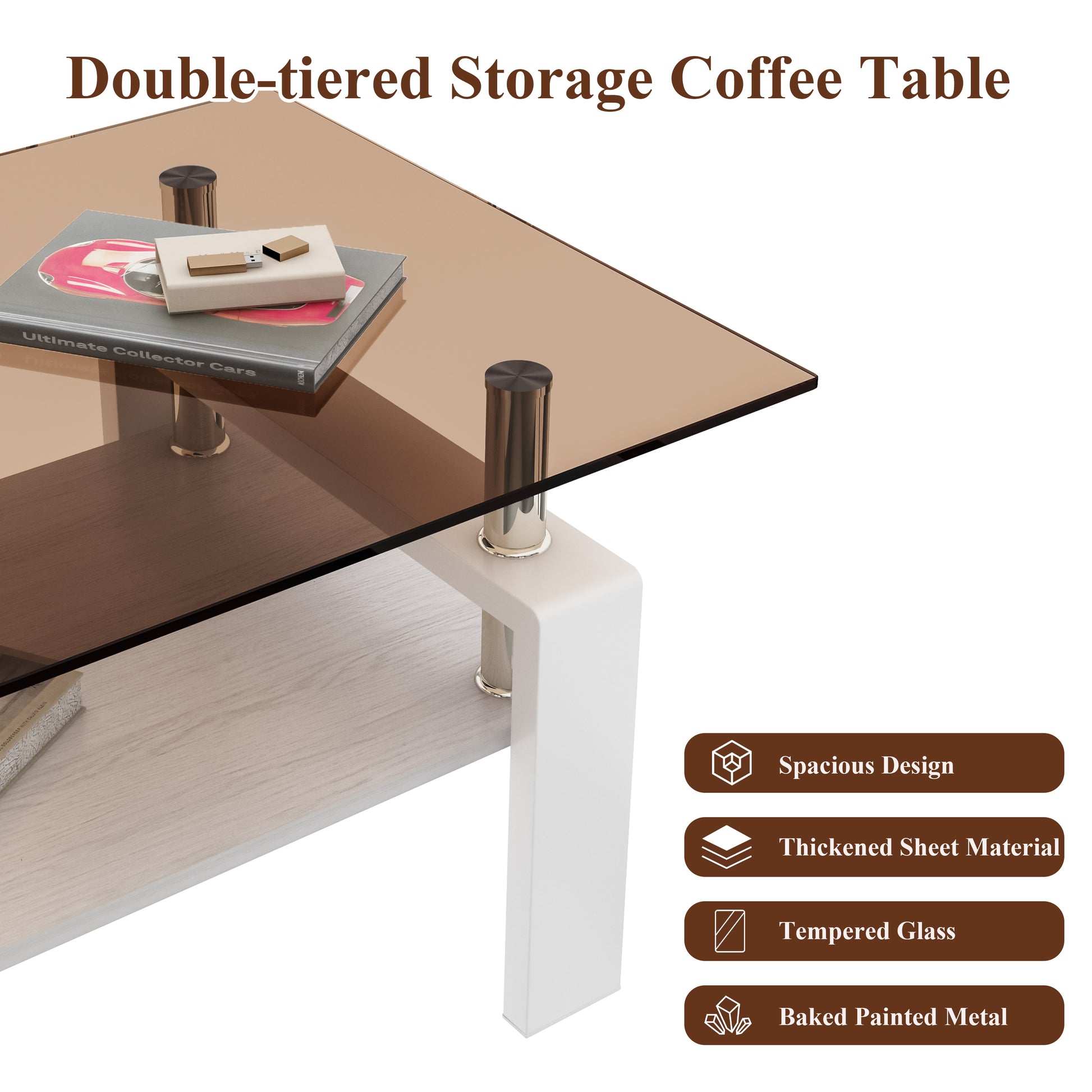 Modern doubletiered coffee table with smoked tempered glass top and white frame
