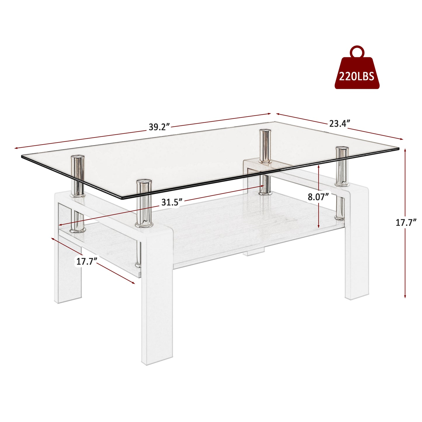 Modern white coffee table with clear glass top and lower shelf  x