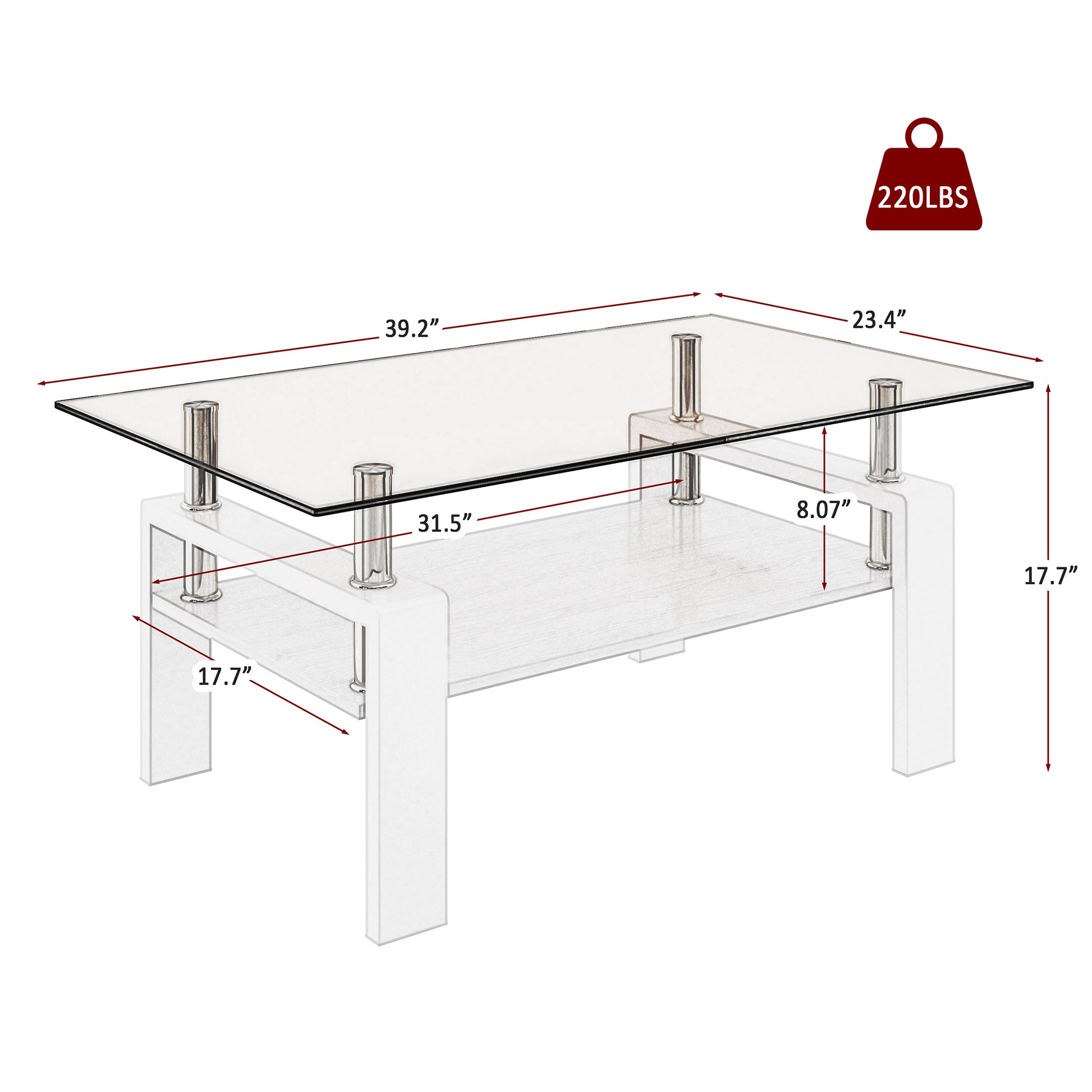 Modern white coffee table with clear glass top and lower shelf  x