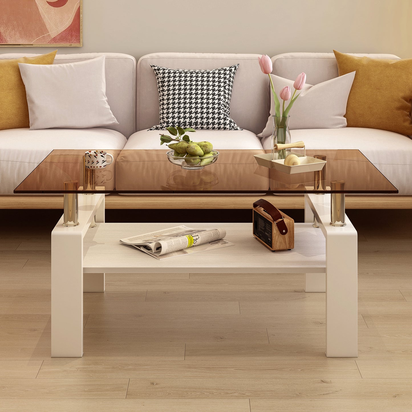 Modern white coffee table with smoked glass top ideal for living rooms