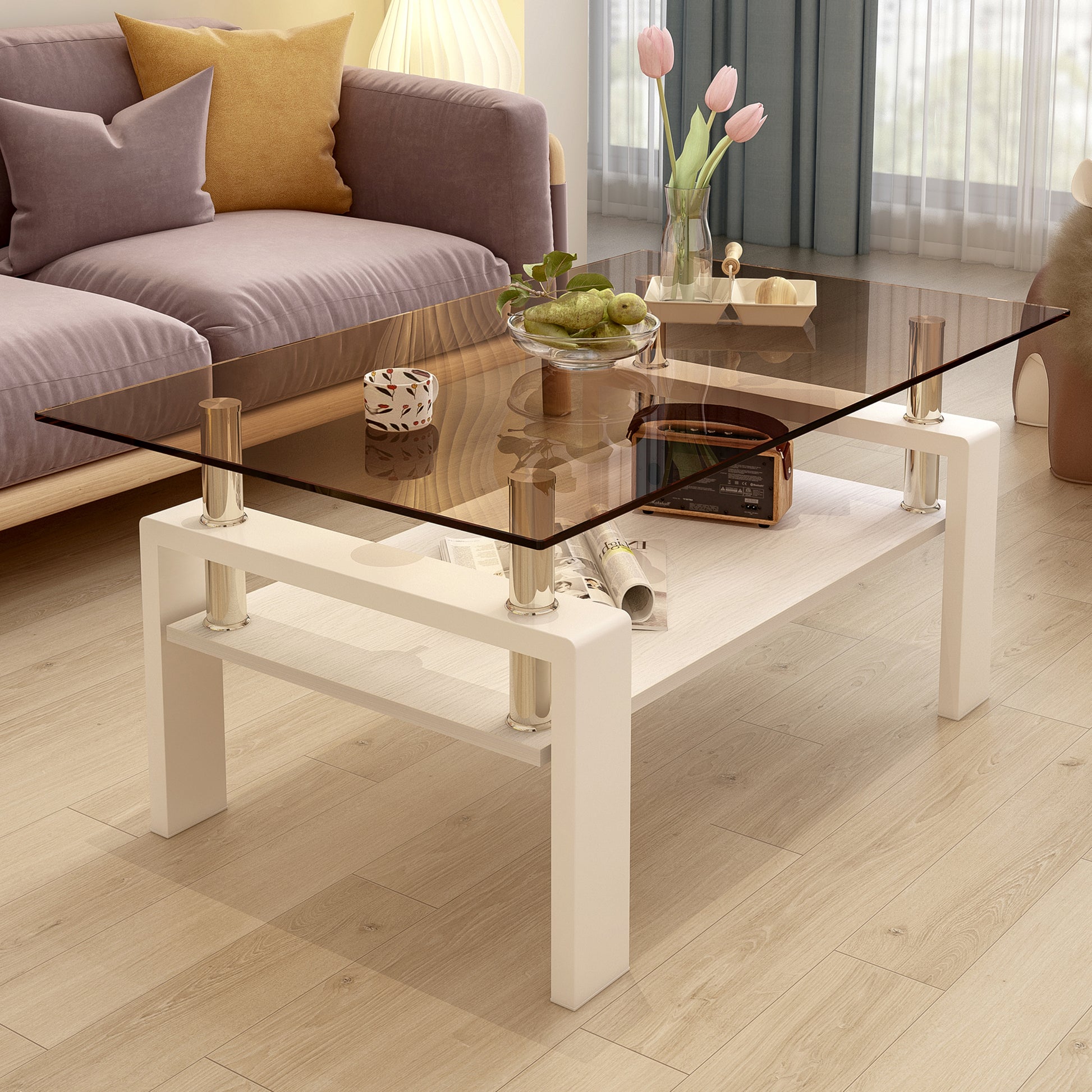 Modern white coffee table with smoked glass top and dual shelves for living room