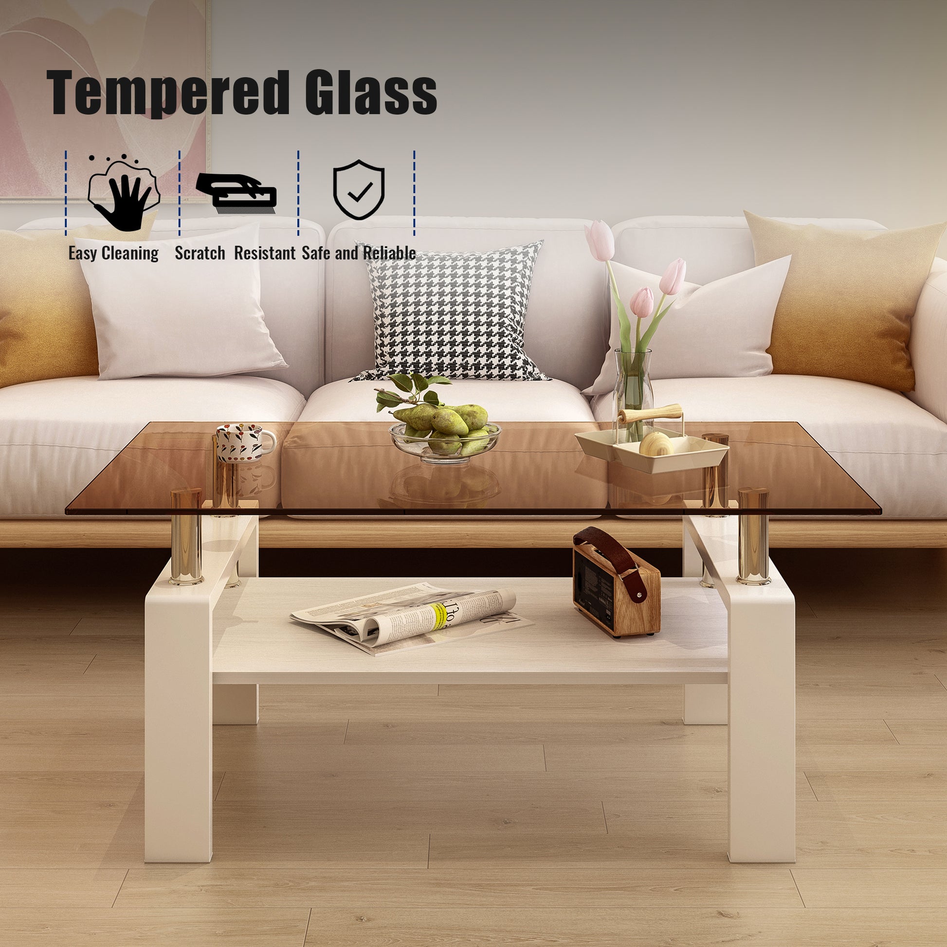 Brown tempered glass coffee table with white wooden base modern living room