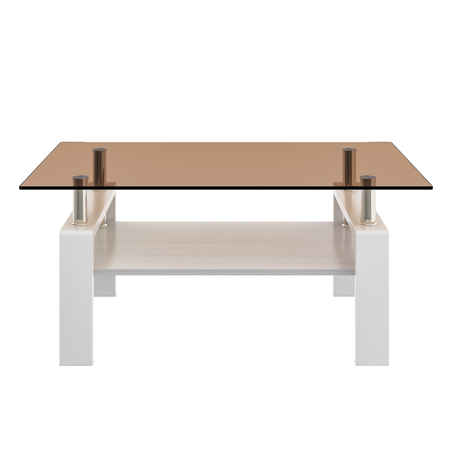Modern coffee table with tinted glass top and white wood frame
