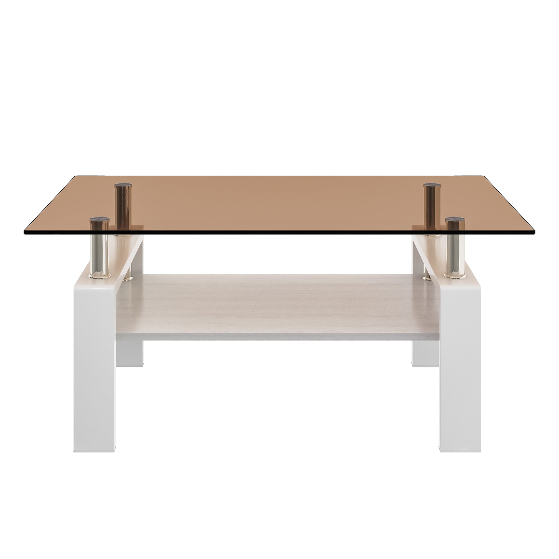 Modern coffee table with tinted glass top and white wood frame