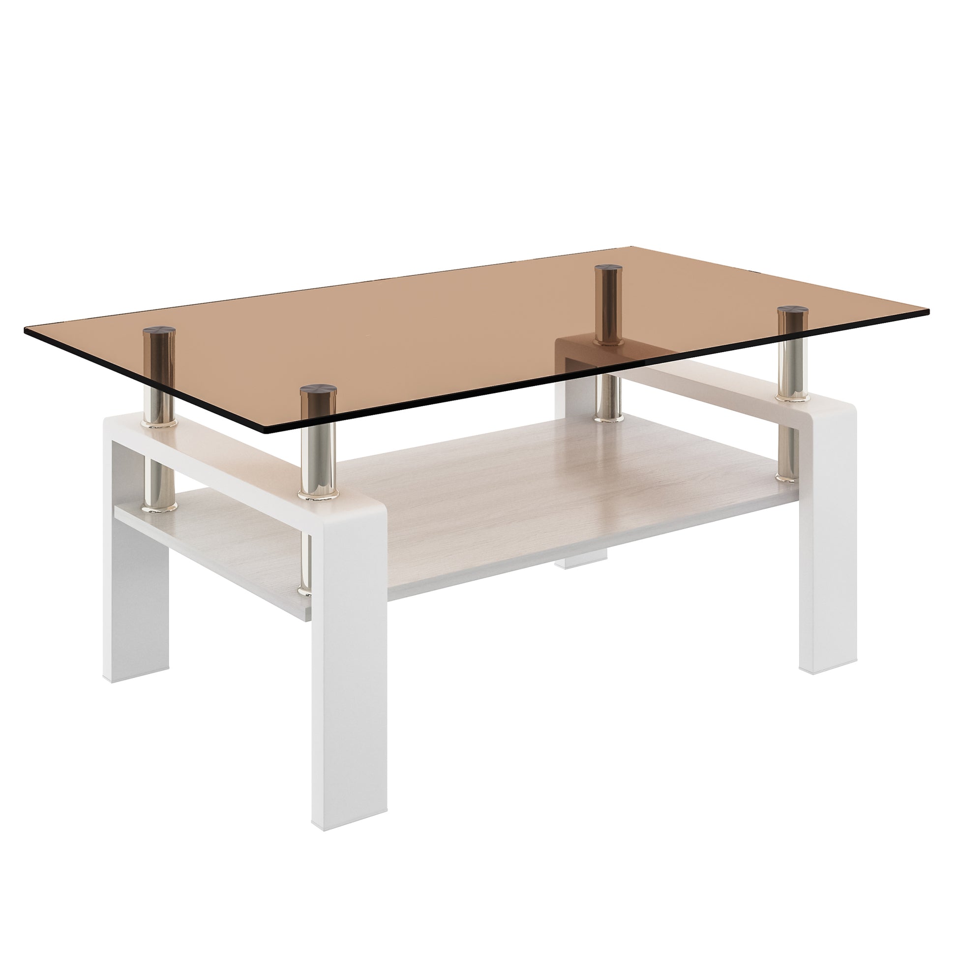 Rectangular coffee table with smoked glass top and twotier wood shelf