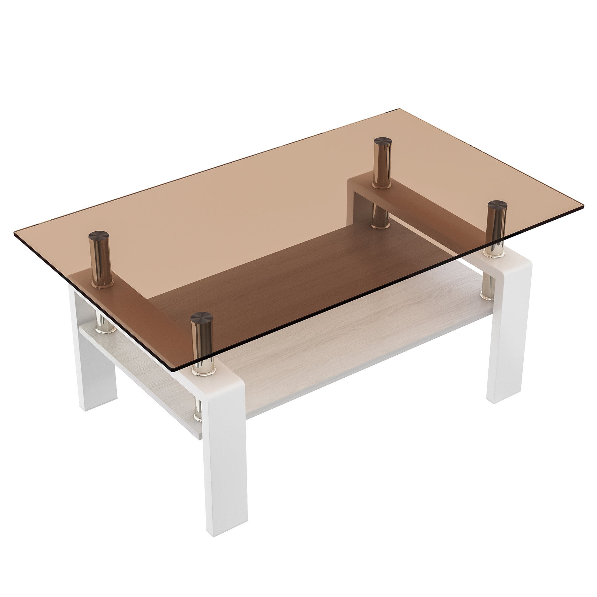 Rectangular coffee table with bronze glass top white frame and wood grain shelf