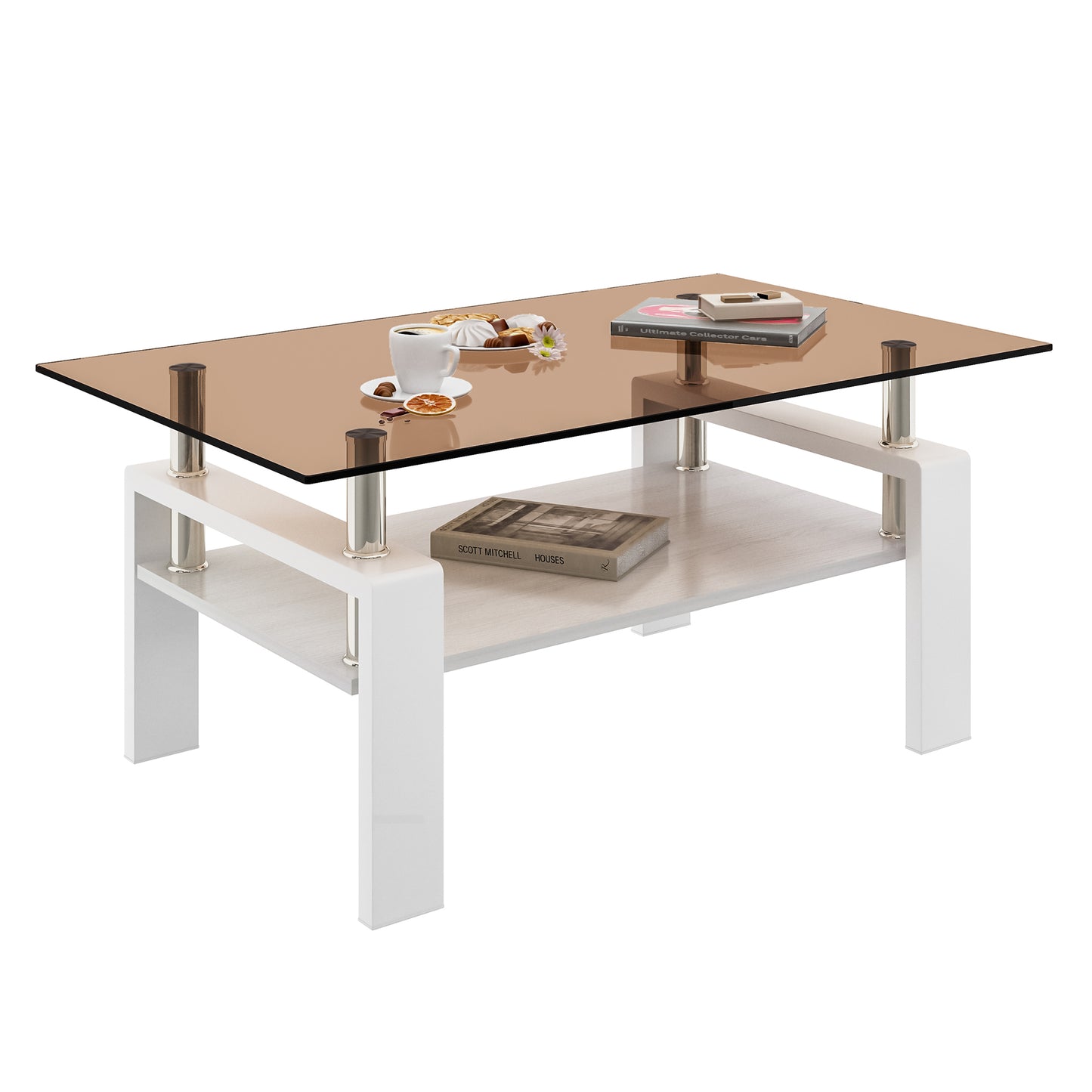Modern glass coffee table with white legs and a smoketinted glass top featuring a lower shelf