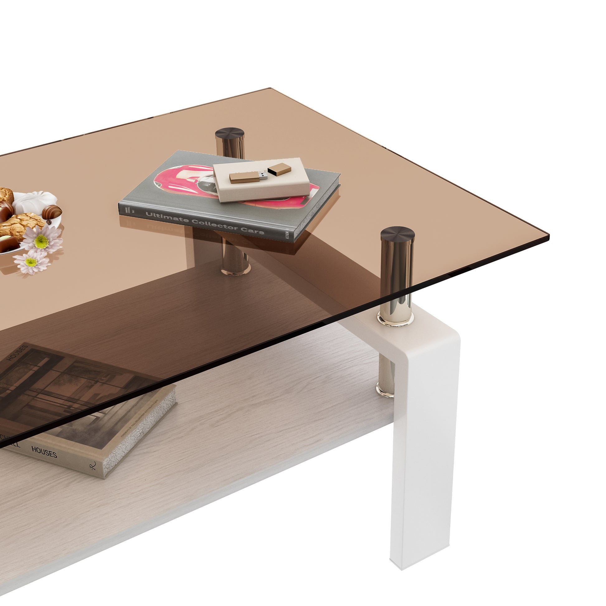 Modern coffee table with smoked glass top and white base