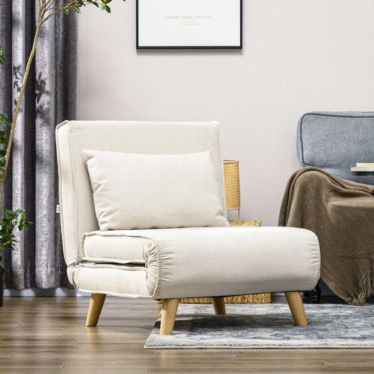 Cream upholstered convertible chair with wooden legs and a plush accent pillow