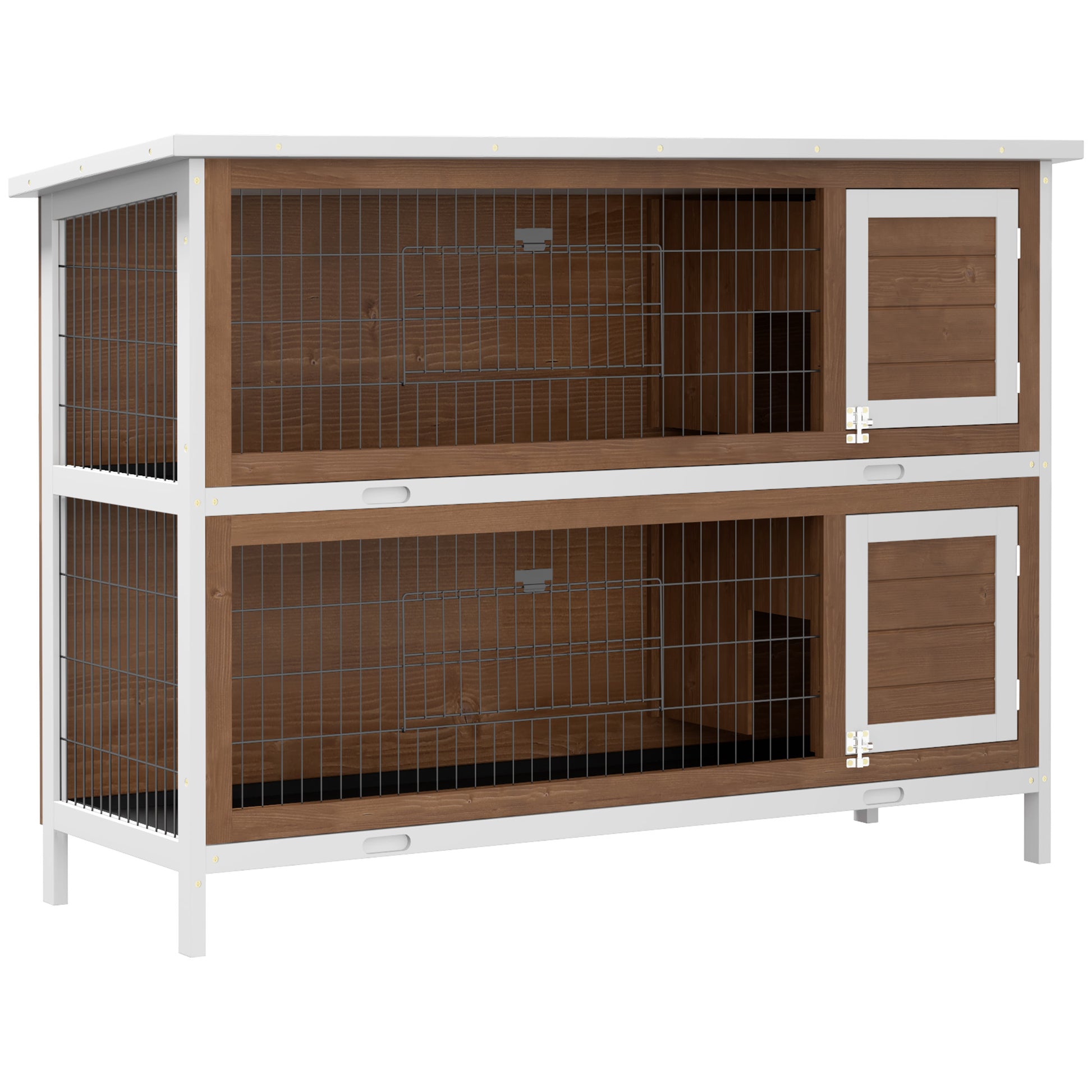 Twotier wooden rabbit hutch with wire mesh front and two access doors