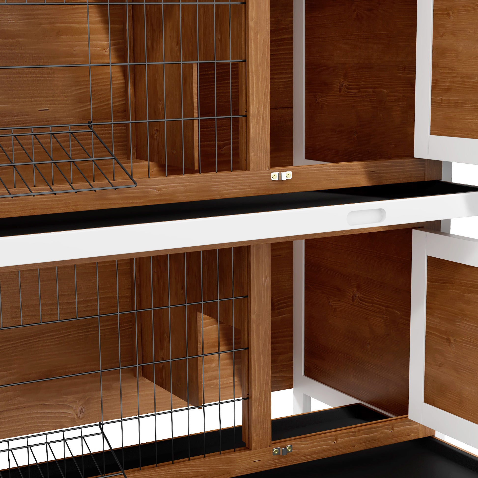 Closeup view of a twotier wooden pet hutch with wire mesh doors