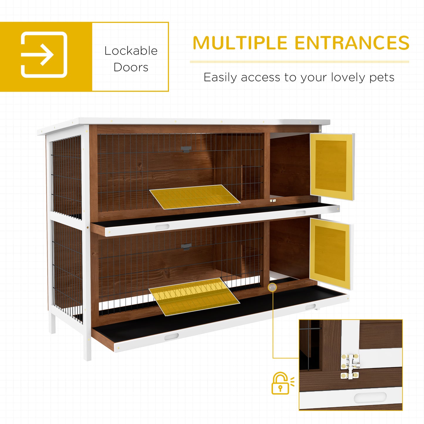 Twotier wooden pet hutch with wire mesh and lockable yellow doors