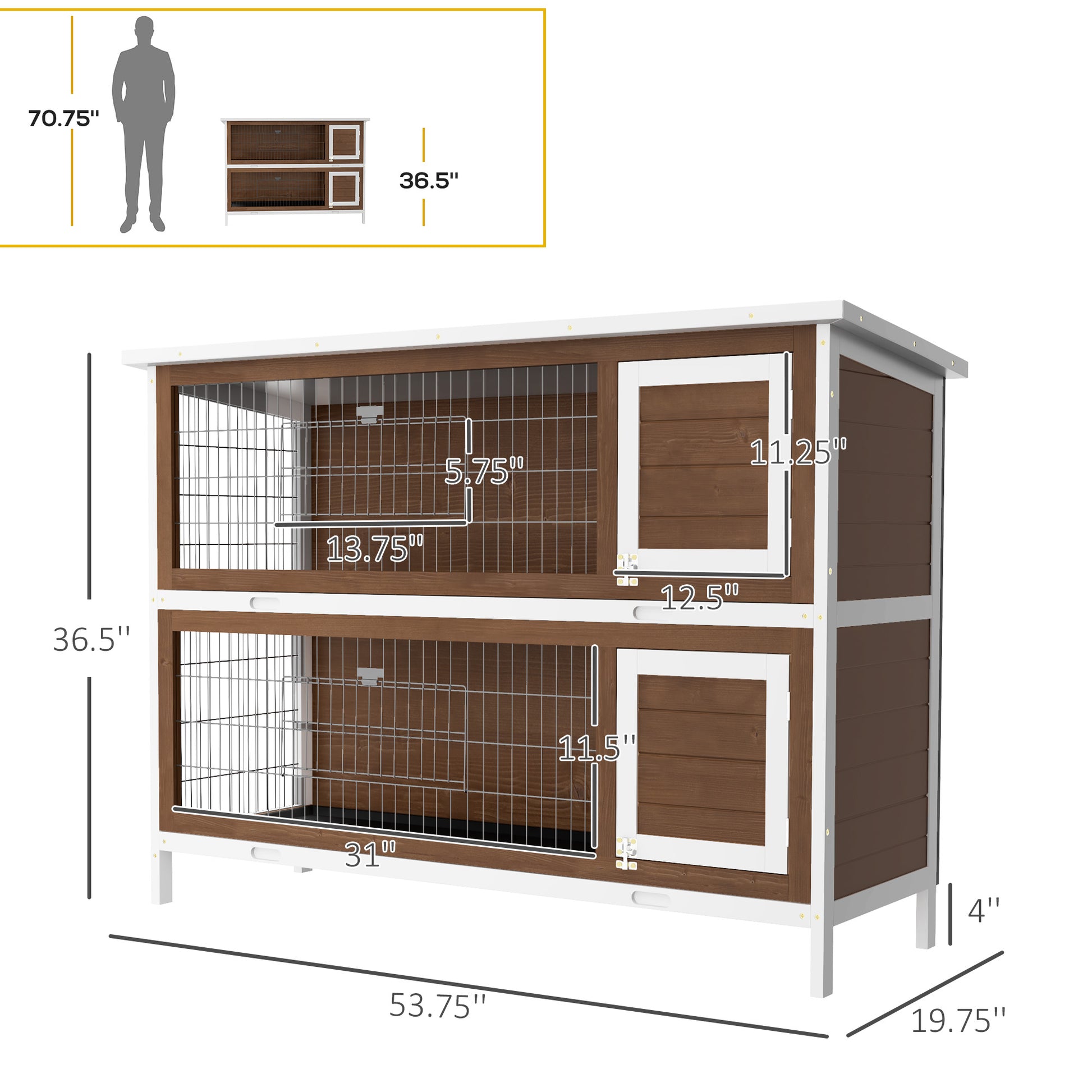 Spacious twotier wooden rabbit hutch with wire mesh doors and access panels