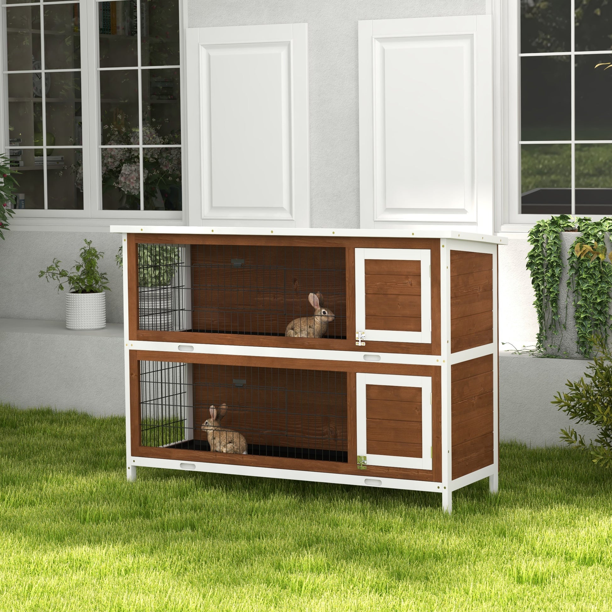 Twotier wooden rabbit hutch with enclosed compartments and outdoor wire mesh