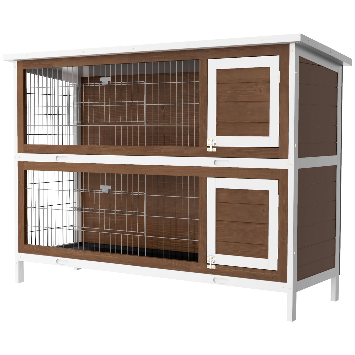 Twotier wooden rabbit hutch with wire mesh doors and white trim