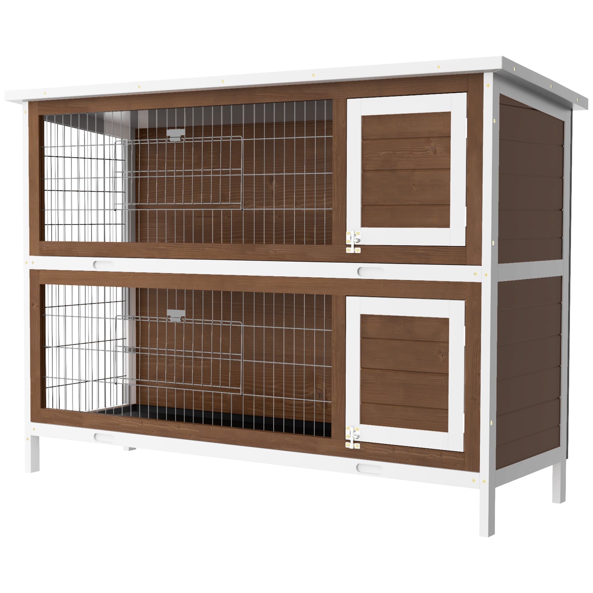 Twotier wooden rabbit hutch with wire mesh doors and white trim