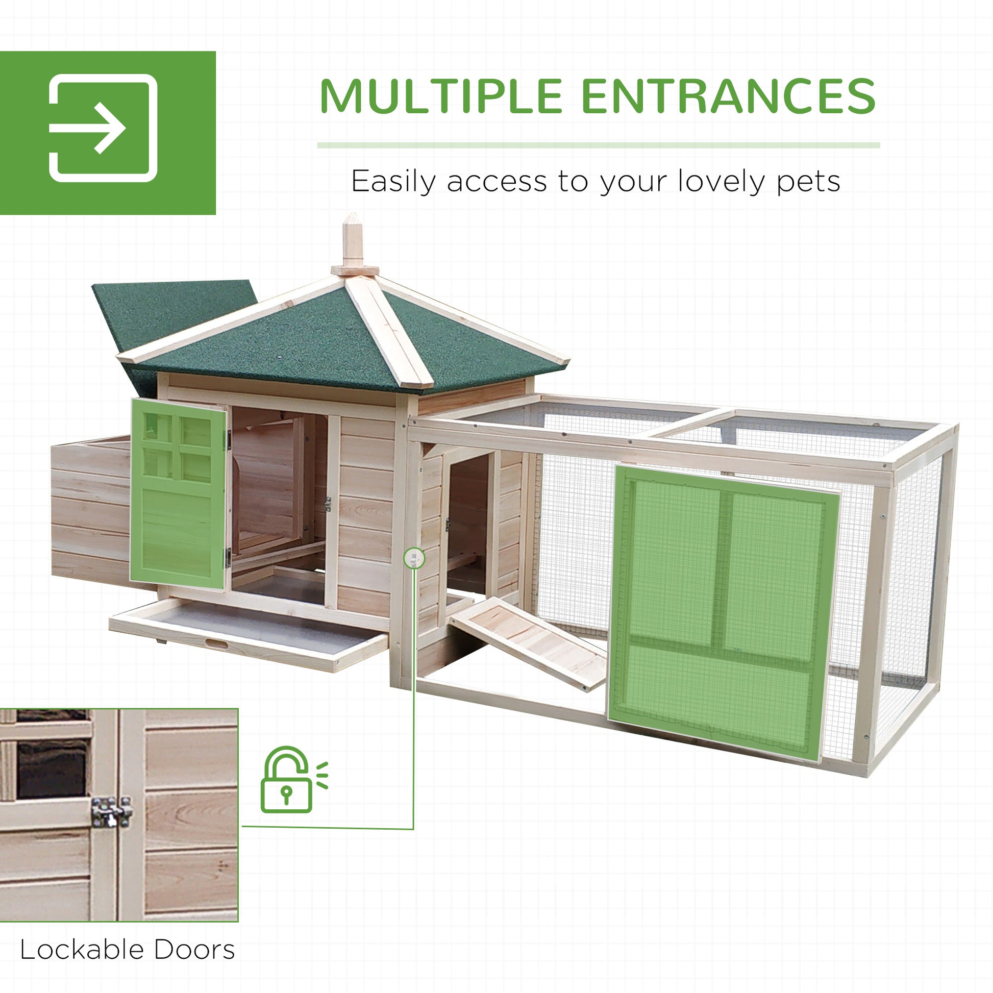 Wooden chicken coop with multiple entry points and a secure run