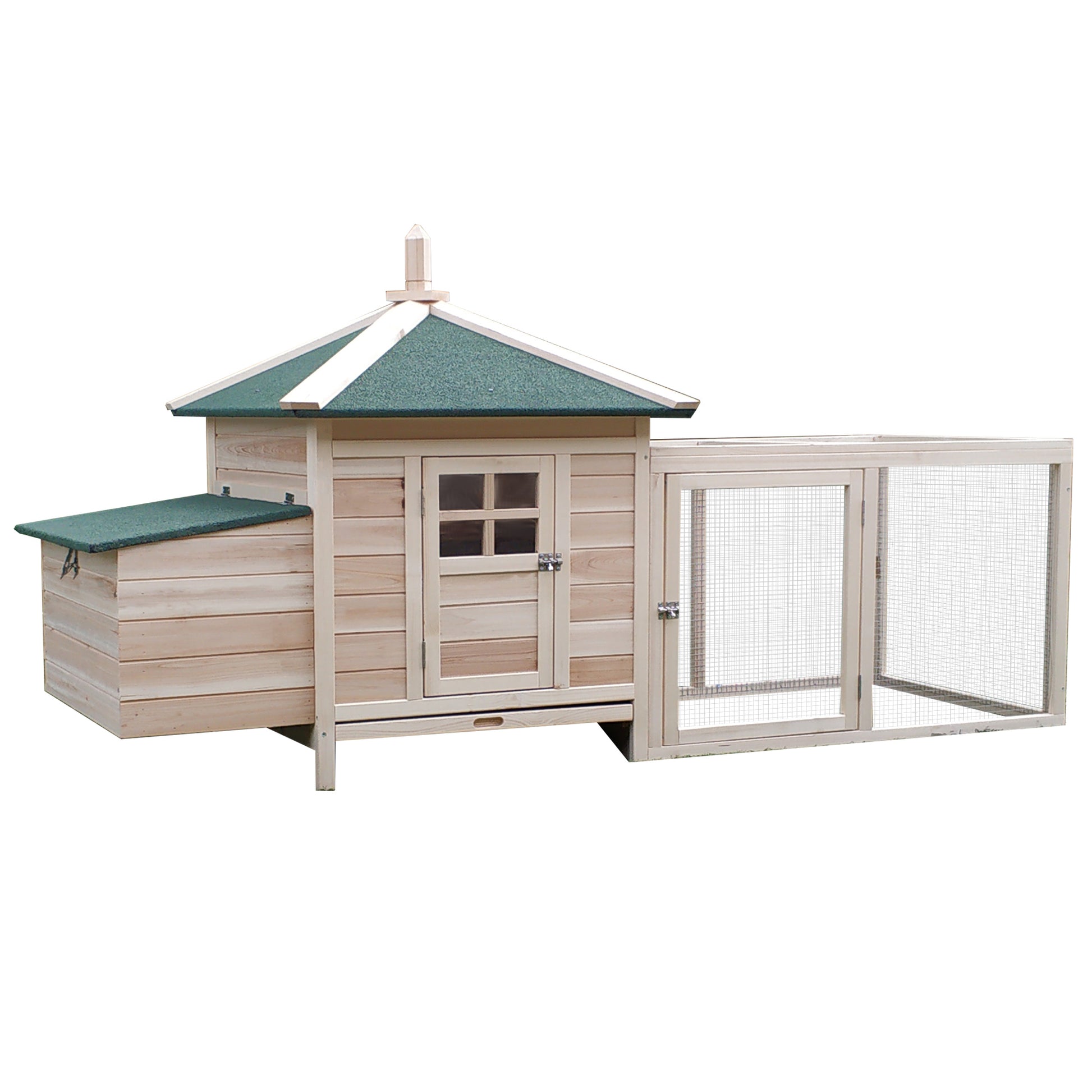 Natural wood chicken coop with green roof and attached mesh run