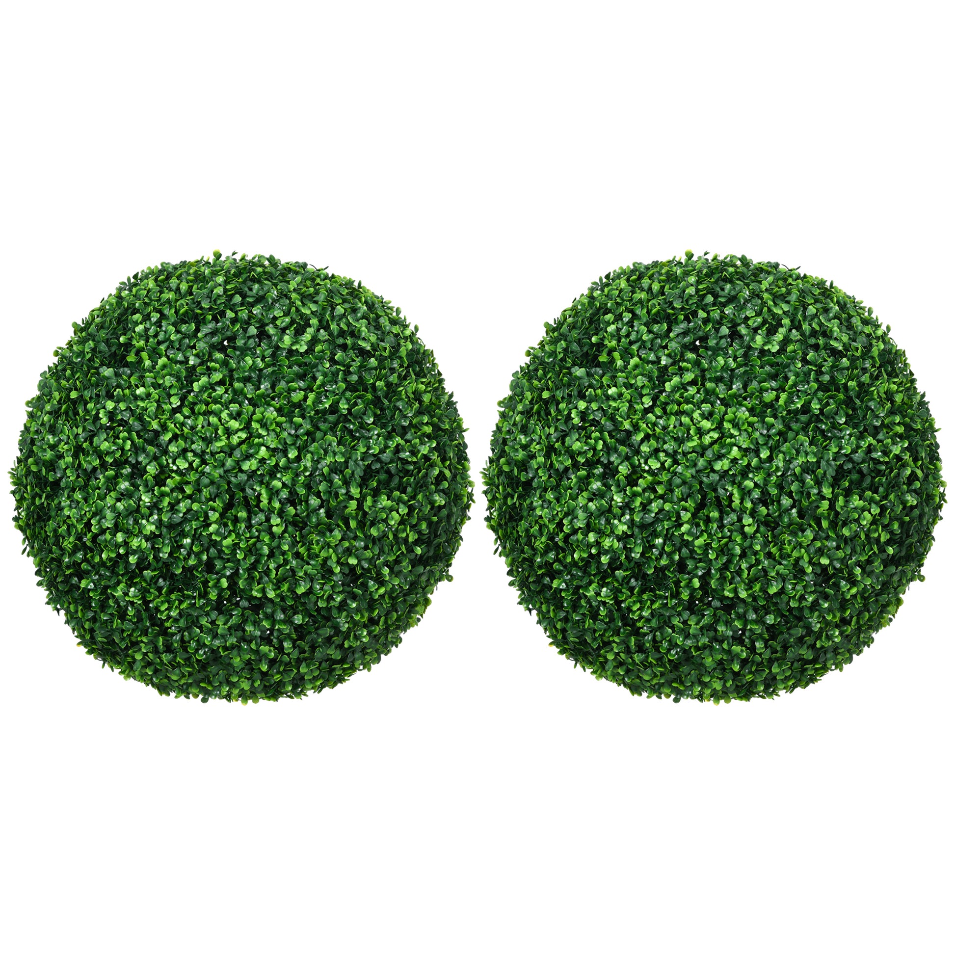 Two realistic green artificial boxwood topiaries shaped as spheres perfect for outdoor decoration