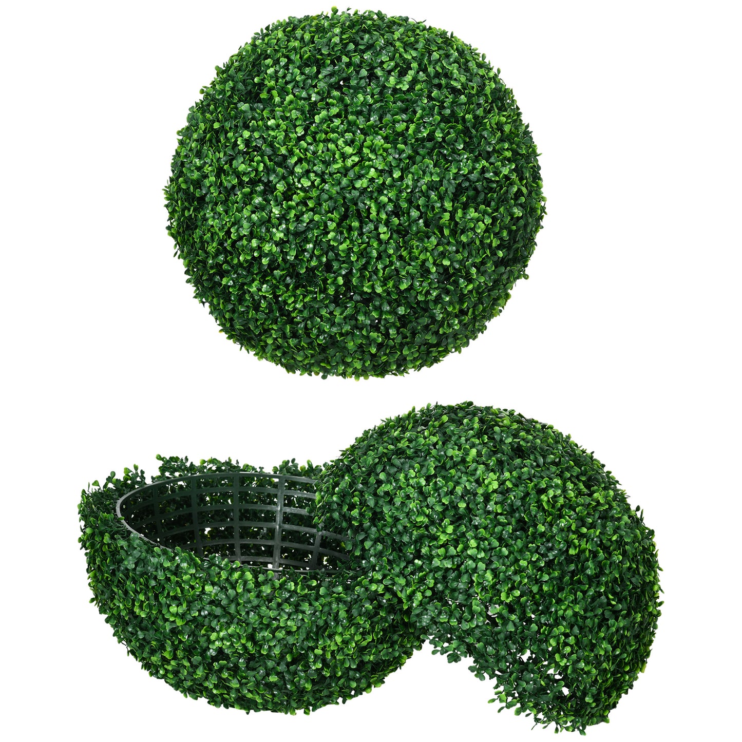 Realistic green boxwood topiary ball with detailed faux leaves and sturdy base construction
