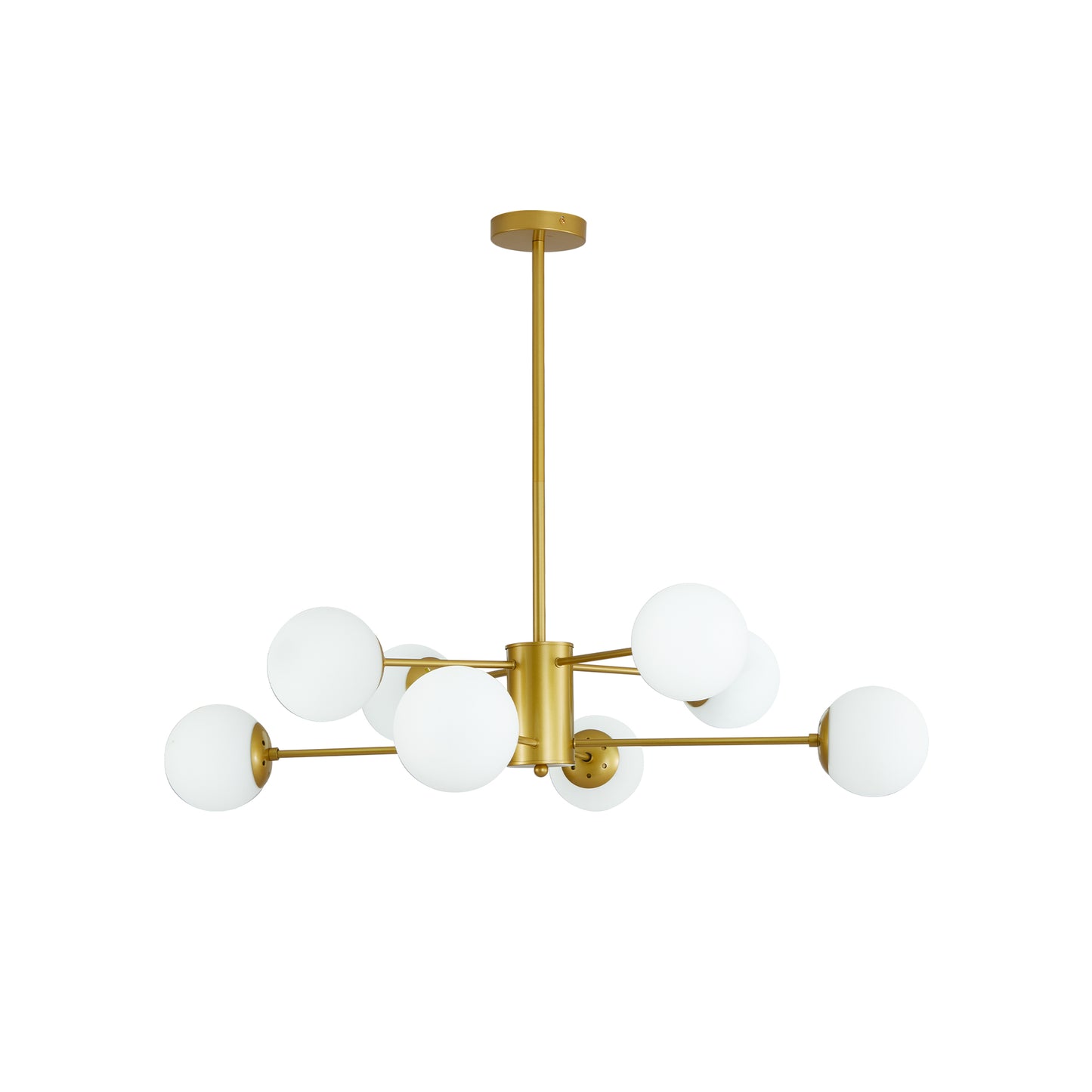 Midcentury modern brass chandelier with frosted globe lights