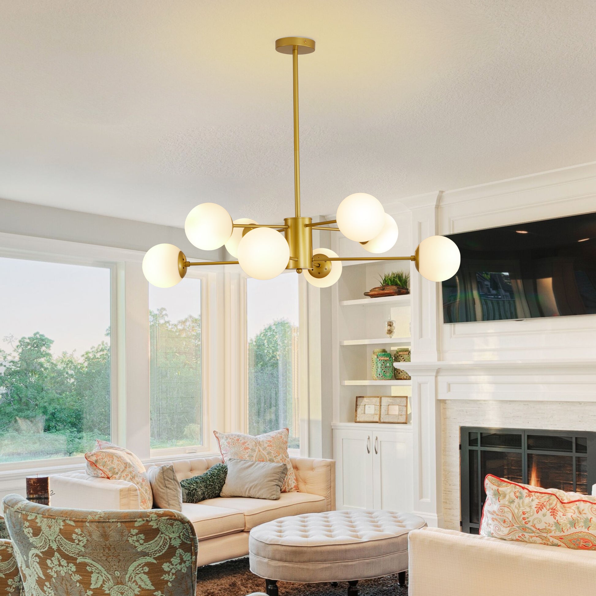Sputnik chandelier with  globe lights in brushed brass finish modern midcentury living room lighting