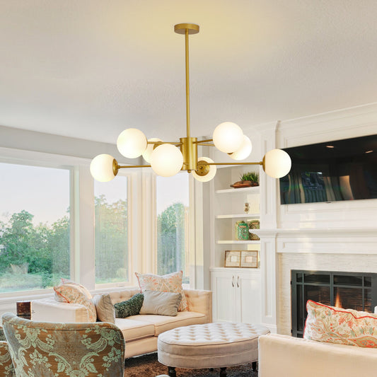 Sputnik chandelier with  globe lights in brushed brass finish modern midcentury living room lighting