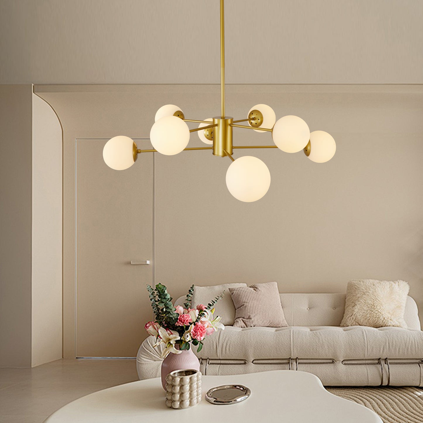Modern brass Sputnik chandelier with milk glass globes a statement lighting piece
