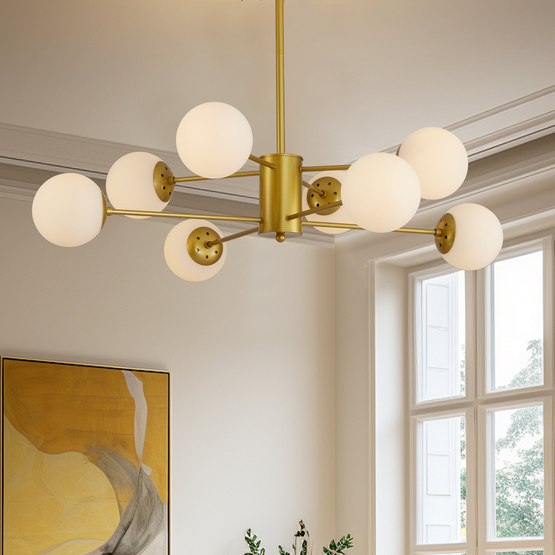 Modern brass chandelier with eight opal glass globes