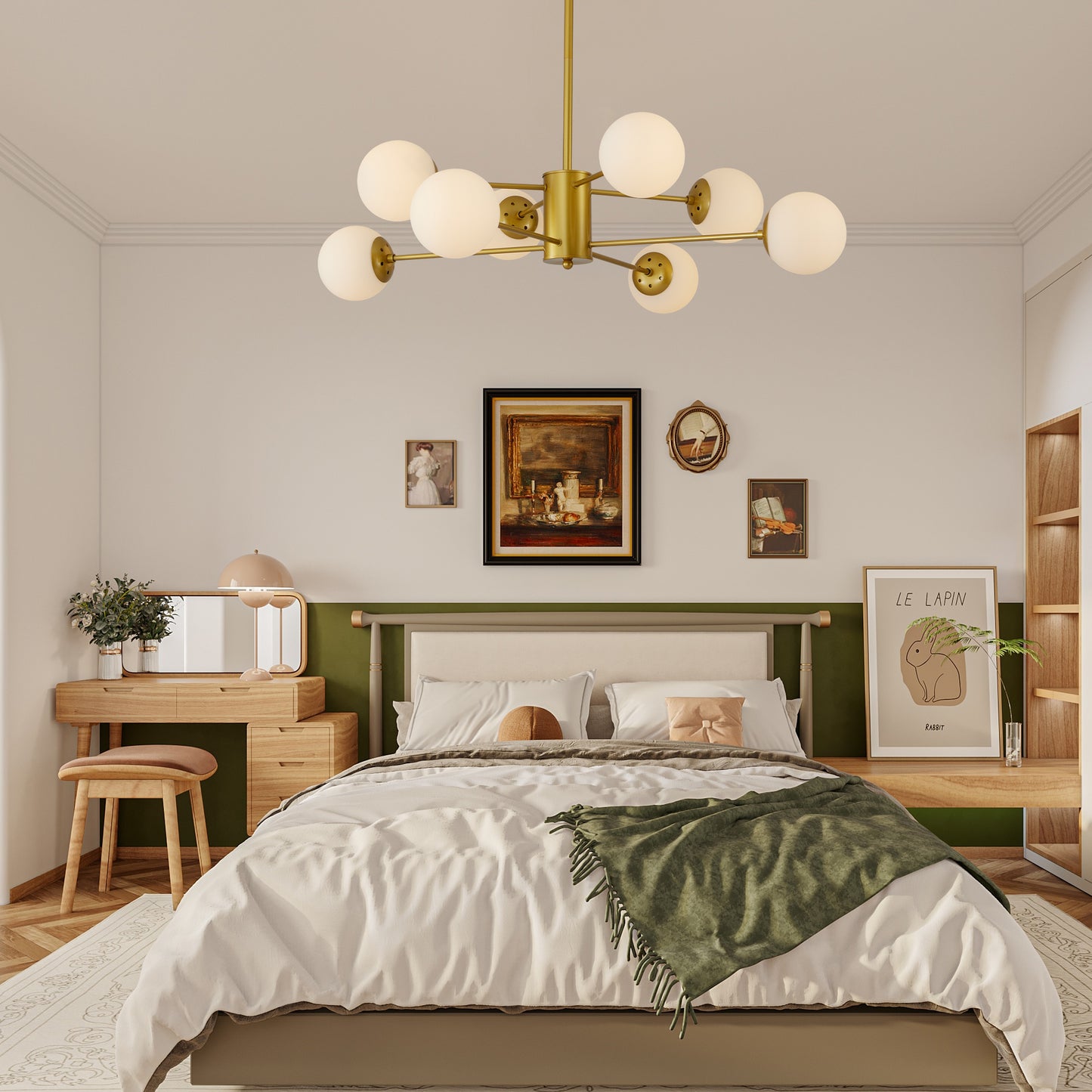 Modern brass sputnik chandelier with  frosted glass globe shades a statement light fixture for any contemporary home