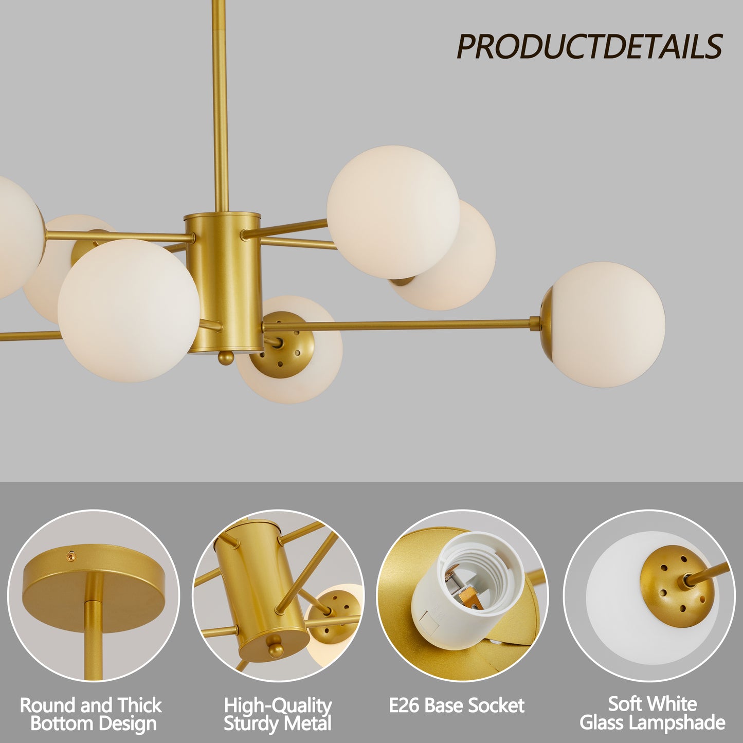 Modern gold chandelier with frosted glass globes for ambient lighting